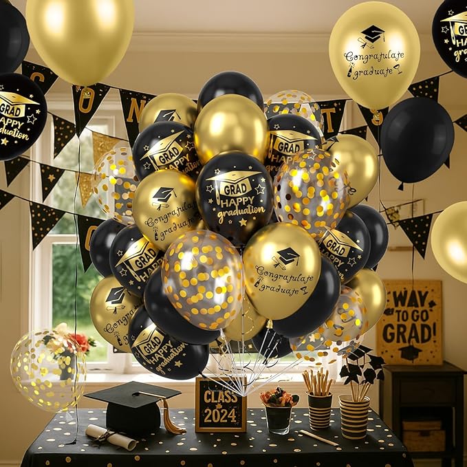 Graduation Balloons, 50PCS 12 inch Black gold Graduate Ballons for Graduates from College and High School Class of 2025 Congrats Grad Party Decorations