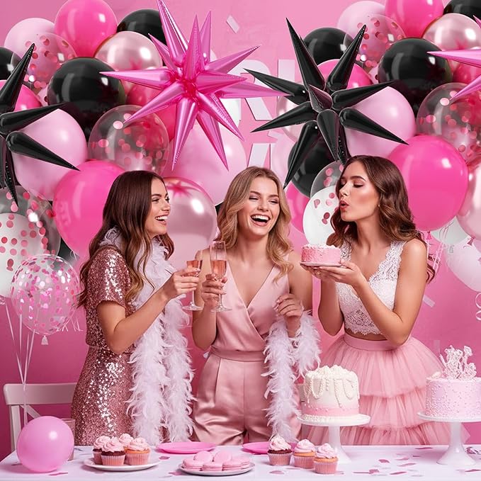 Pink and Black Balloons, 12 Inch Hot Pink and Black Party Decorations with Confetti Metalic Balloon Star Foil Balloons for Mouse Theme Birthday Wedding Bridal Shower Party Decoration