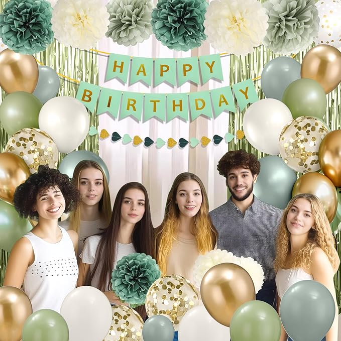 Green Birthday Decorations for Women, Happy Birthday Party Decorations, Happy Birthday Banner, Green Balloons, Foil Fringe Curtains, Tissue Paper Pompoms, Heart Garland, Party Decor for Girls