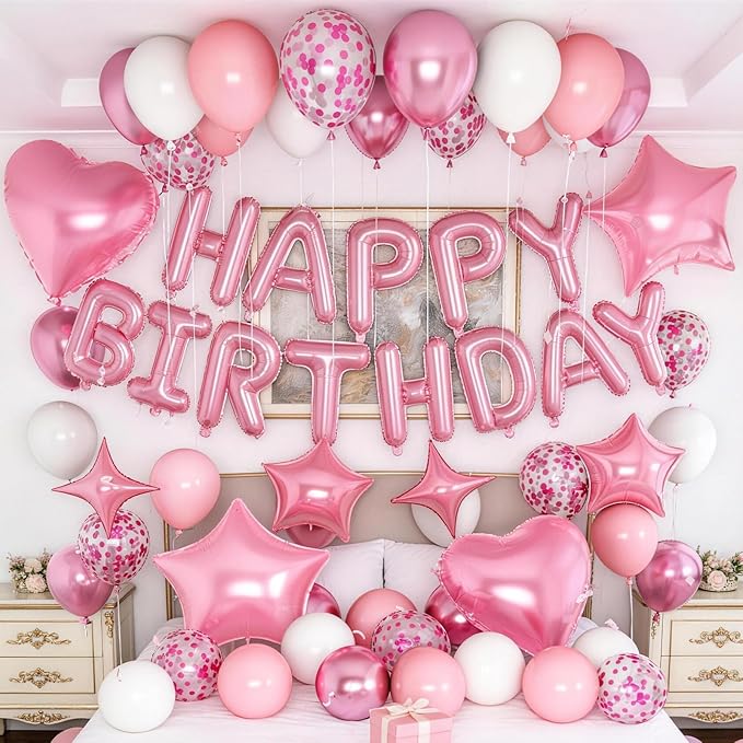 Pink Birthday Decorations for Girls Pastel Light Baby Pink Metallic Whte Confetti Latex Balloon Happy Birthday Banner Heart Foil Balloon 18/10 Inch Star Balloons for Women Bday Party Supplies