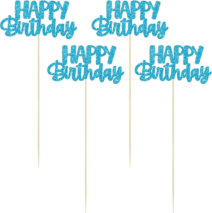 Gyufise 12Pcs Happy Birthday Centerpieces Sticks Double Sided Glitter Birthday Party Decorations Anniversary Table Flower Centerpiece for Celebrating Party Supplies Blue