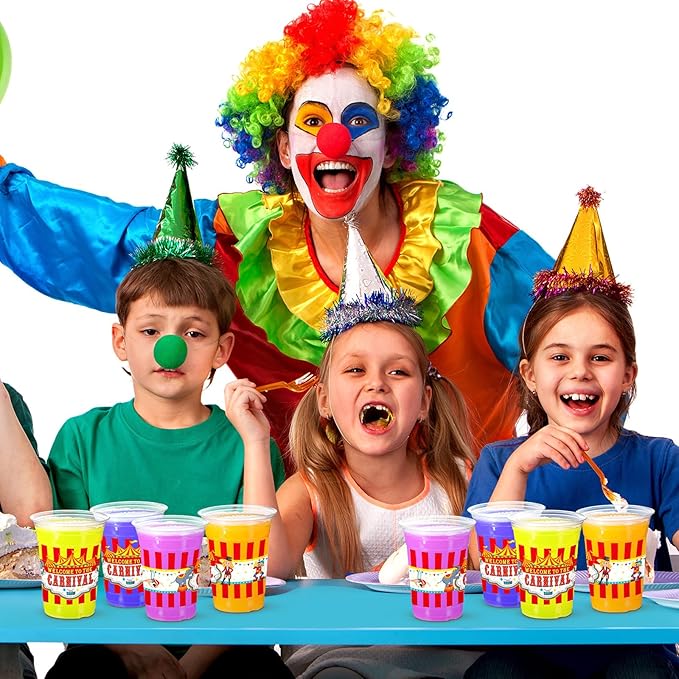 Jinei 60 Pcs Circus Carnival Party Plastic Cups Bulk 16 oz Circus Theme Disposable Cups Clear mug Drinking for Carnival Birthday Party Supplies Decorations