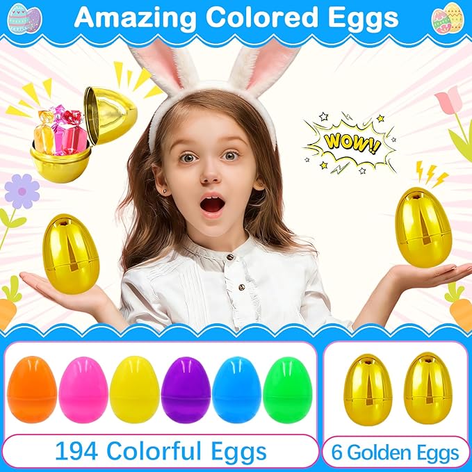 200 PCS Fillable Plastic Easter Eggs with 6 Golden Eggs, 2.4 Inch Empty Colorful Eggs for Kids Boys Girls Easter Hunt Party Supplies Classroom Rewards Basket Stuffers Easter Party Favors