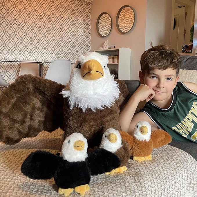 4Pcs Bald Eagle Stuffed Animal with Bendable Wings, 31.5 Inch Mommy Eagle Plush with 3 Chicks, Eagle Plushie Toy Gifts for Boys and Kids