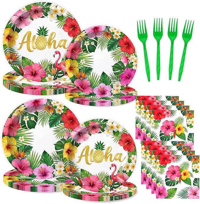 96 Pcs Hawaiian Luau Party Paper Plates Tableware Set (Serves 24), Hawaiian Birthday Decorations Include Plates Napkins Forks For Hibiscus Floral Party