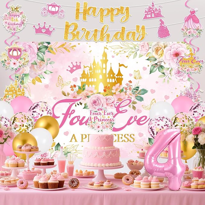 Four Ever a Princess Birthday Decorations Pink Sweet 4th Birthday Party Supplies Include 4 Ever a Princess Backdrop Banner Hanging Swirls Balloons Cake Topper for 4 Years Old Girl Bday Party Decor
