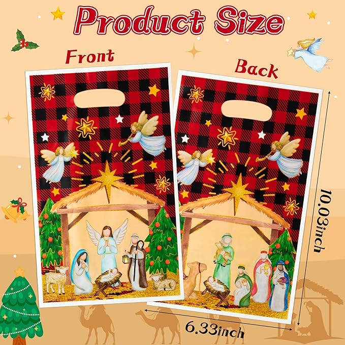 50Pcs Christmas Nativity Christian Party Favor Bags, Jesus Cardinal Buffalo Plaid Goodies Gift Bags, O Holy Night Themed Party Decorations for Christmas Birthday Supplies
