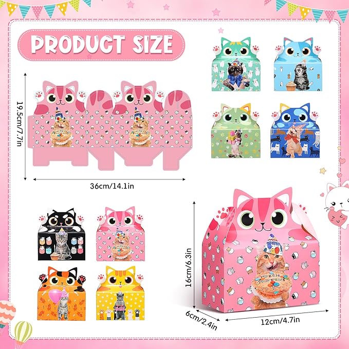 Nezyo 24 Pieces Cat Party Favor Boxes Kitten Theme Goodie Boxes Cute Candy Bags for Kids Birthday Supplies Decorations Adopt a Cat Party Favors, 8 Styles