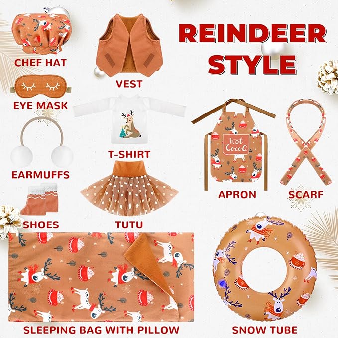 Kacctyen 11 Pcs Christmas Accessories Include Brown Doll Sleeping Bag Apron Chef Hat Ear Muffs Scarf Top Shorts Vest Ski Ring Eye Mask Skirt Snowmen Clothes (Reindeer Style)