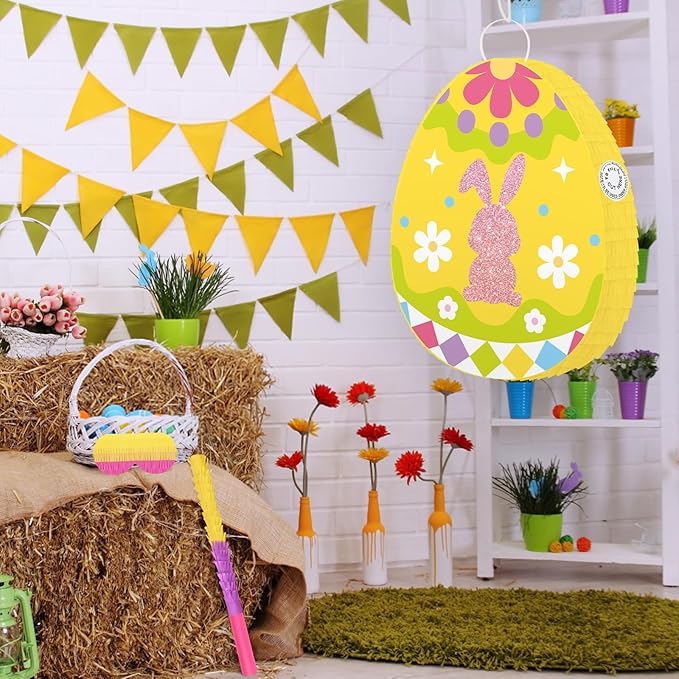 Hooqict Easter Egg Pinata Bunny Pinata with Blindfold and Bat Stick for Kids Spring Happy Easter Party Games Bunny Birthday Party Decorations Sunday Celebration Supplies