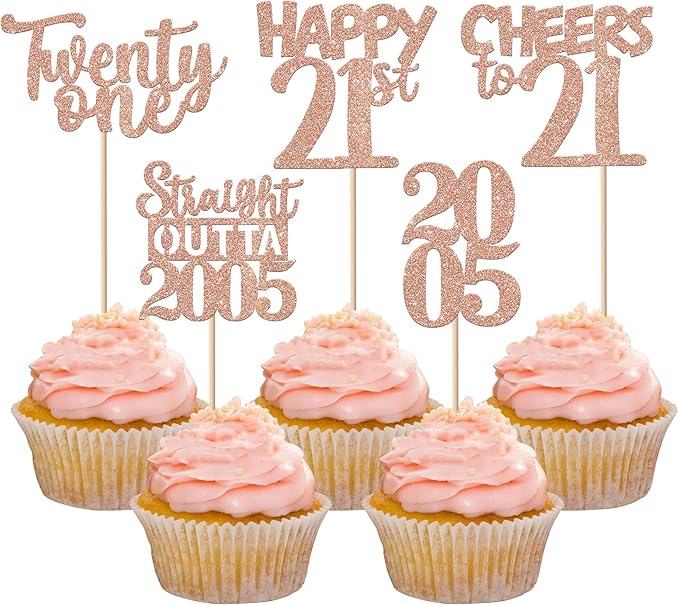30PCS 21st Birthday Cupcake Toppers Glitter Twenty One Happy 21 Straight Outta 2005 Cupcake Picks for Cheers to 21 Years 21st Birthday Anniversary Party Decorations Supplies Rose Gold