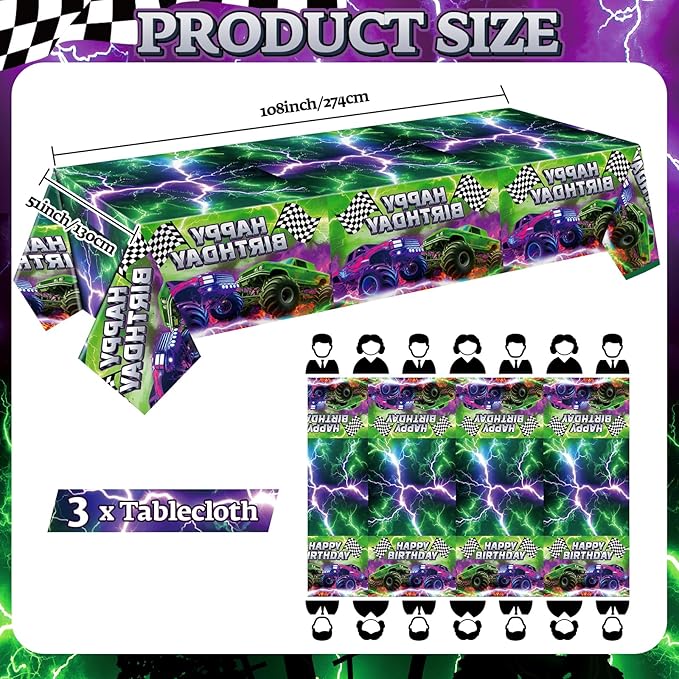 Mifoci 3 Pcs Monster Truck Birthday Party Tablecloths Monster Machine Table Covers Large Plastic Disposable 108 x 54 Inches for Truck Theme Kid's Boys Birthday Shower Party Supplies (Fresh)