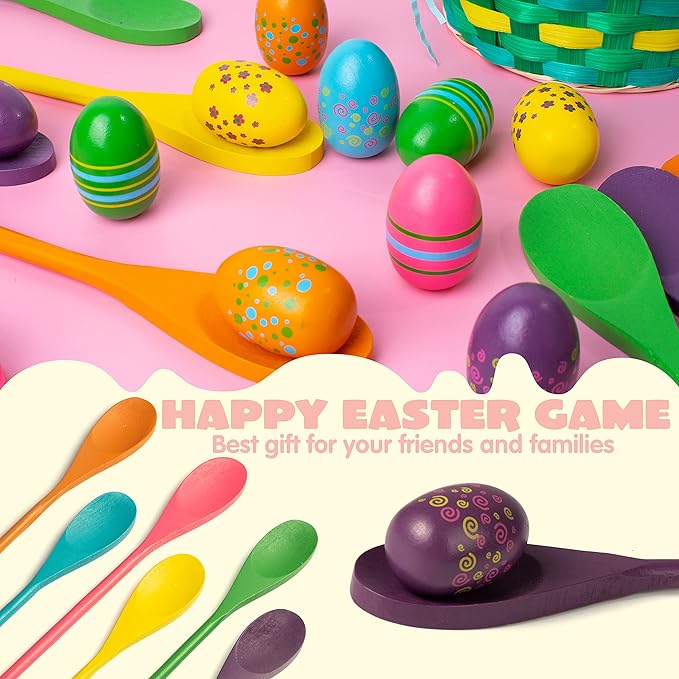 JOYIN Easter 12PCS Egg and Spoon Race Game Set, 6 Woodeen Egg and Spoons with Assorted Colors Outdoor Games, Party Favor Supplies