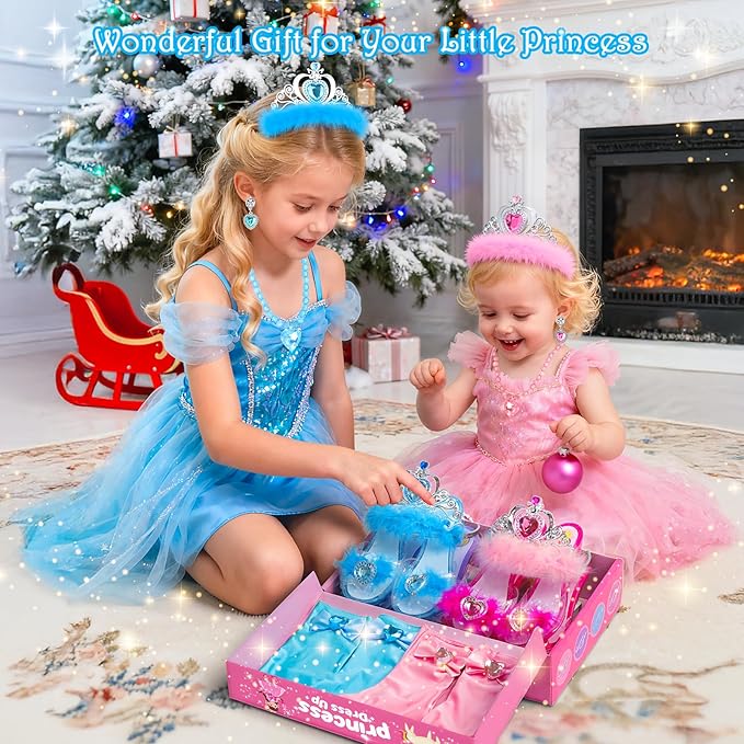 DISHIO Girls Princess Dress Up Shoes and Jewelry Boutique Upgraded Princess Shoes and Accessories with 4 Pair of Princess Play Shoes and Jewelry Set for Toddlers Little Girls Aged 3 4 5 6