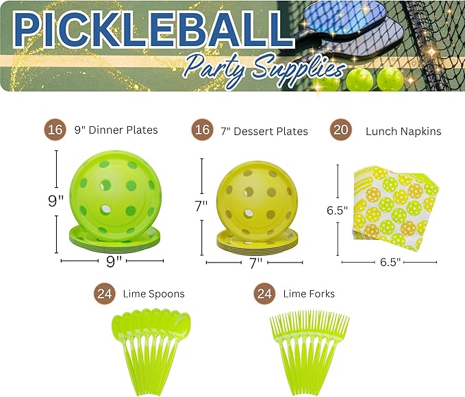 Blue Orchards Pickleball Party Supplies (100 Pieces for 16 Guests) - Pickleball Party Decorations Sports Themed Birthday Baby Shower Party Supplies Disposable paper Plates and Napkins