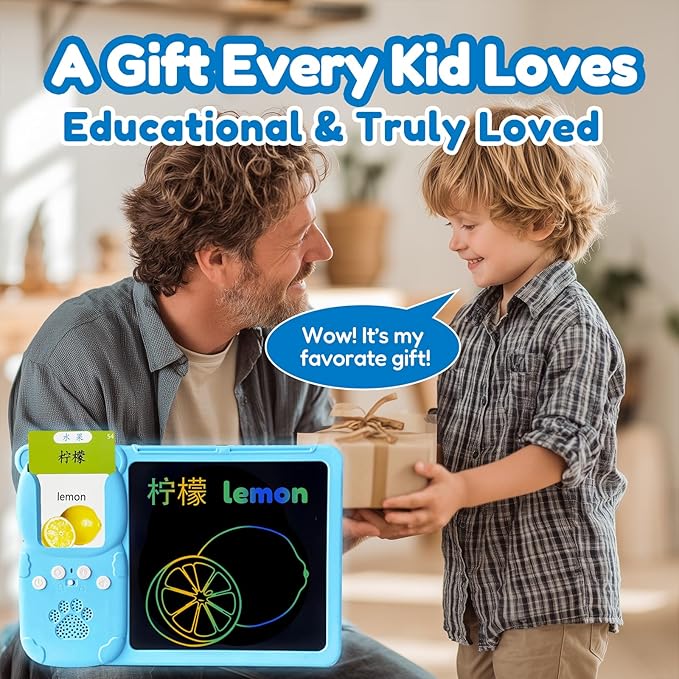 Drawing Tablet with Bilingual Flashcards for Kids - Chinese English Talking Flash Cards, LCD Writing Pad Board, Pocket Speech for Toddlers, Learning Toy Gift for Boys Girls (Chinese, Blue)