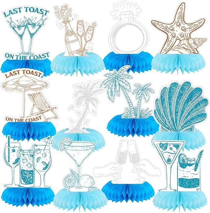 12 Pcs Last Toast on the Coast Party Decorations Coastal Bachelorette Honeycomb Table Centerpieces Blue Bachelorette Table Topper Decoration for Coast Party Favors Supplies