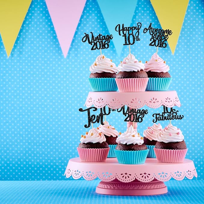 30Pcs Happy 10th Birthday Cupcake Toppers Glitter Ten Vintage 2016 Cupcake Picks Cheers to 10 Fabulous Cake Decorations for 10th Birthday Wedding Anniversary Party Supplies Black