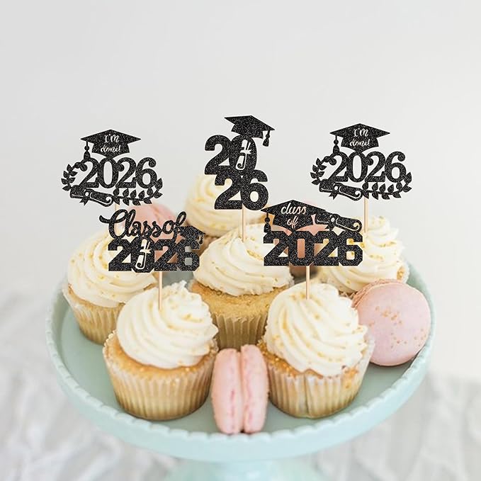 Graduation Cupcake Toppers 2026 Food/Appetizer Picks For Graduation Party Mini Cake Decorations 2026 Cupcake Toppers 24 Pcs (black)
