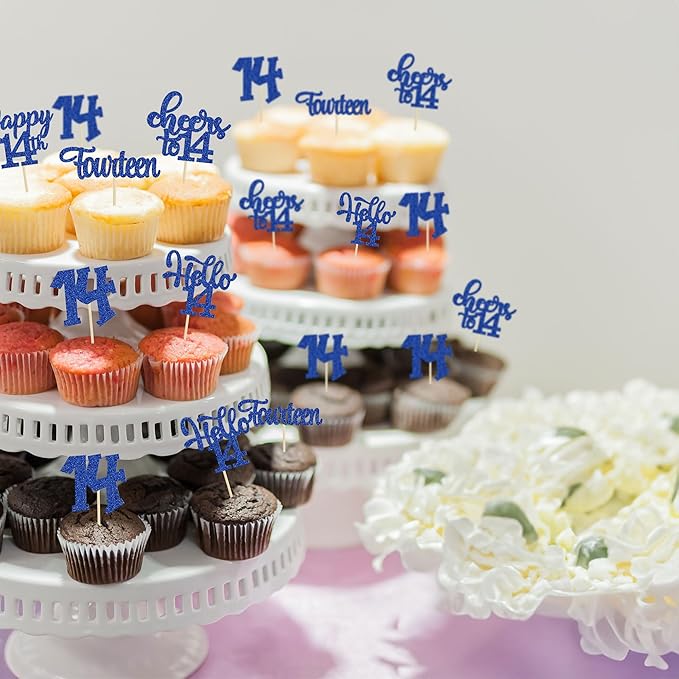 30Pcs 14th Birthday Cupcake Toppers Hello 14 Cupcake Picks Fourteen Cheers to 14 Years Old Cake Decorations for 14th Birthday Anniversary Party Supplies Deep Blue Glitter