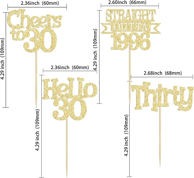 Ephlyn 24Pcs Happy 30th Birthday Cupcake Toppers Glitter Thirty Cupcake Picks Hello 30 Cheers to 30 Years Cake Decorations for 30th Birthday Anniversary Party Decorations Supplies Gold