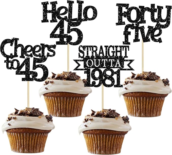 Ephlyn 24Pcs 45th Birthday Cupcake Toppers Glitter Straight Outta 1981 Cupcake Picks Hello 45 Cheers to 45 Years Cake Decorations for 45th Birthday Anniversary Party Decorations Supplies Black