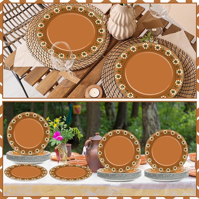 50 PCS Platos De Barro Mexicanos Paper Plates for Talavera Party Decor 7" Terracotta Flower Clay Pottery Paper Plates Mexican Dessert Plate for Christmas Birthday Wedding Baby Shower Party Supplies