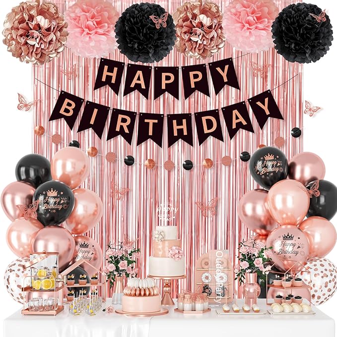 Rose Gold and Black Birthday Decorations for Women Girls, Pearl Rose Gold Black Metallic Printed Balloons Butterfly Stickers Fringe Curtain Happy Birthday Banner Circle Dot Paper Pompom Party Supplies