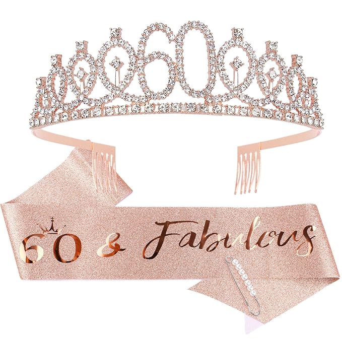 CIEHER 60th Birthday Gifts for Women - Crown, Fabulous Sash, Decorations, and Cake Topper