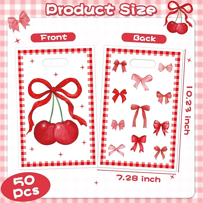 Bow Party Favor Bags - 50Pcs Red Cherry Goody Candy Treat Gifts Bags Bow themed Party Decorations for Kids Girls Women Birthday Wedding Bridal Baby Shower Bachelorette Party Supplies