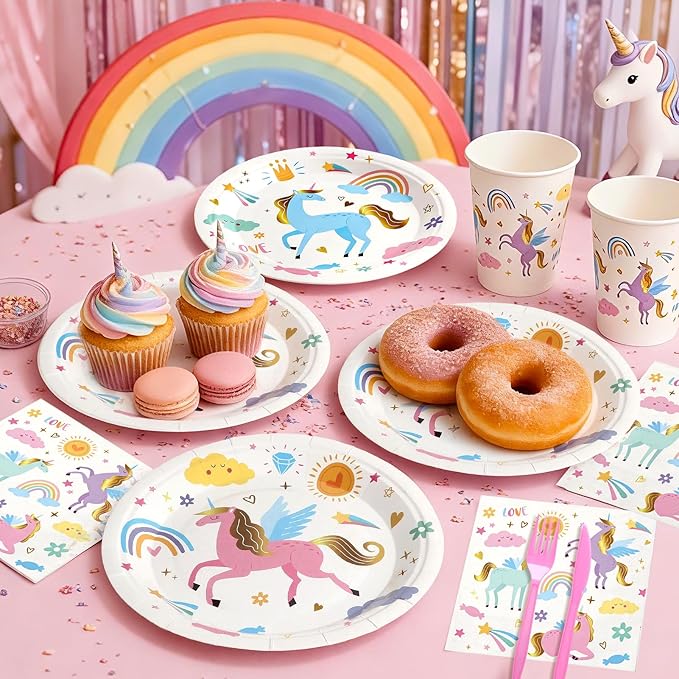 144Pcs Unicorn Birthday Party Supplies Decorations Kids Girl Themed Paper Plates Napkins Vintage Party Tableware Disposable Dinnerware for Girl Kid Birthday Baby Shower Table Decor, Serve 24
