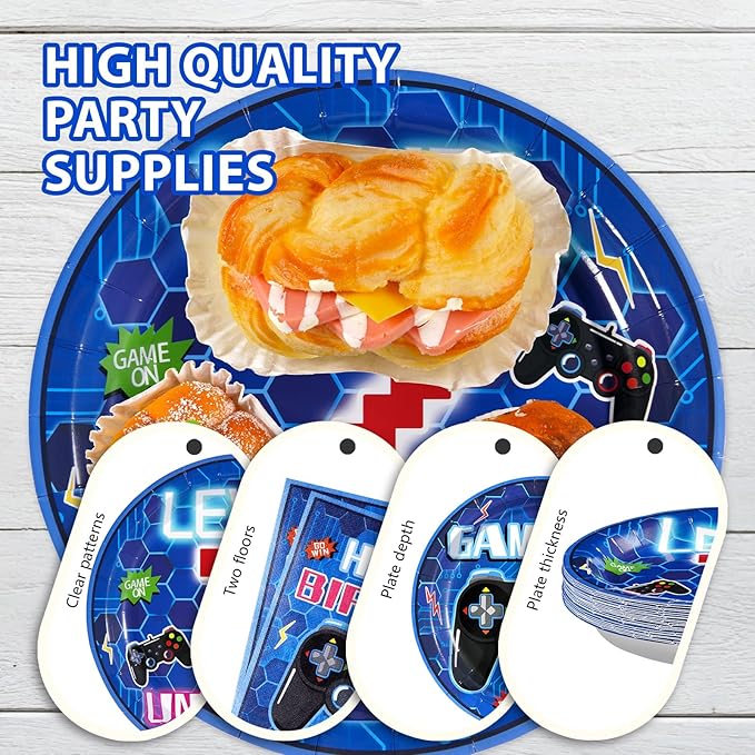 96Pcs 7th Video Game Birthday Party Decorations Blue Video Game Level Birthday Plates and Napkins Tableware Sets for Boys 7 Years Old Gamer Gaming Party Serves 24