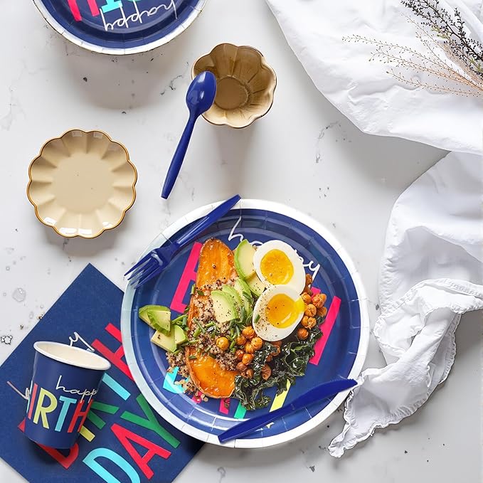 168Pcs Birthday Party Plates - Blue Kids Birthday Paper Plates Disposable and Napkins, Cups, Knives, Forks, Spoons Set for 24 Guests Baby Shower Girls Boys Party Table Supplies Decorations