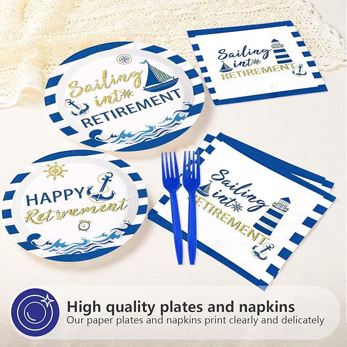 96Pcs Nautical Retirement Decorations Sailing into Retirement Plates and Napkins Tableware Sets Navy Blue Gold Decorations for Sailor Men Retirement Theme Farewell Supplies Serves 24