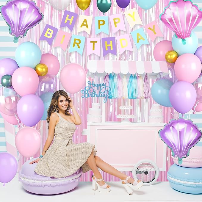Mermaid Birthday Decorations Supplies, Purple Pink Teal Blue Balloons Happy Birthday Banner Cake Topper Shells Foil Balloon Pink Fringe Curtain for Women Girls Kids Party Decorations