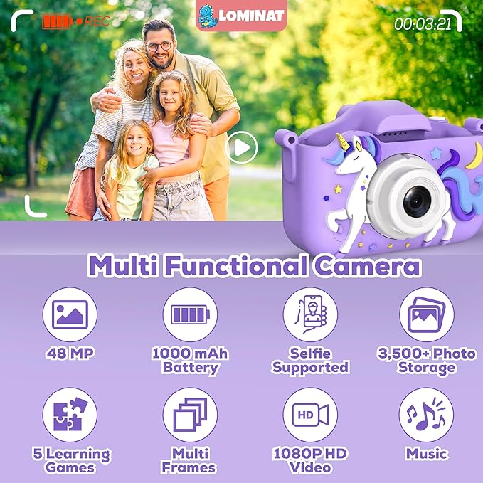 Unicorn Kids Camera for Girls Age 3-12, Selfie Camera for Girls 1080P HD Kids Video Camera – Christmas Birthday Gift for 3 4 5 6 7 8 Year Old Toy Digital Camera for Toddlers with 32GB SD Card – Purple