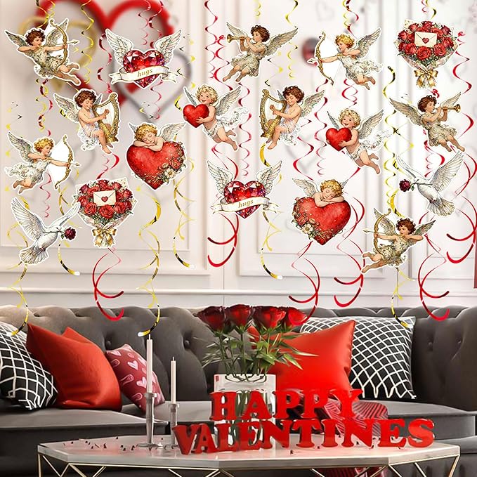 Valentine's Cupid Party Streamers, 48 PCS Romantic Hanging Swirl Decorations - Angel, Heart & Rose Motifs for Valentine's Day, Weddings & Anniversary Parties