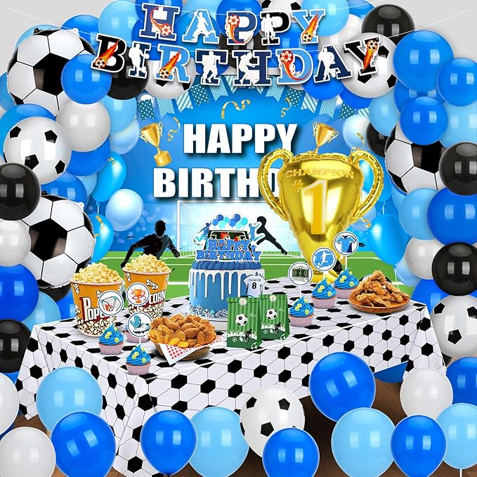 Soccer Birthday Party Decorations, 131PCS Blue Soccer Birthday Party Supplies Including Tablecloth Backdrop Banner Cake Topper Latex Balloons Foil Balloons Decorations Kit for Sport Ball Theme