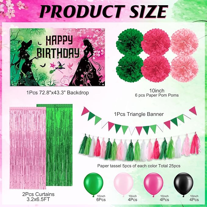 Pink and Green Birthday Party Decorations, Witch Themed Happy Birthday Backdrop Banner Balloons Paper Pom Poms Paper Tassel Foil Fringe Curtains for Girls Princess Birthday Party Supplies Decorations