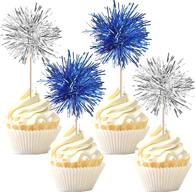 40 PCS Foil Firework Cupcake Toppers Sparkle Tinsel Cupcake Picks Fireworks Birthday Party Decorations Cocktail Fruit Toothpick for Birthday Wedding Graduation Party Decorations Supplies Silver Blue