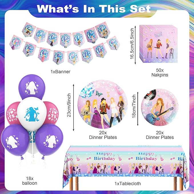 100pcs Birthday Party Decorations Plates,Music star Party Supplies Include 20x 9‘’ Plates, 20x 7‘’ Plates, 40x Napkins,18x balloon,1x Tablecloth, 1x backdrop, 1x Banner Serves 20 Guests