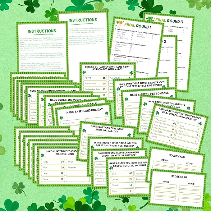 Soulchen 32 Pcs St. Patrick's Day Friendly Feud Game Set St. Patrick's Day Party Game Trivia Quiz 30 Card 2 Buzzer for Adults Family Irish Home Games Activities Party Supplies, Battery Not Included