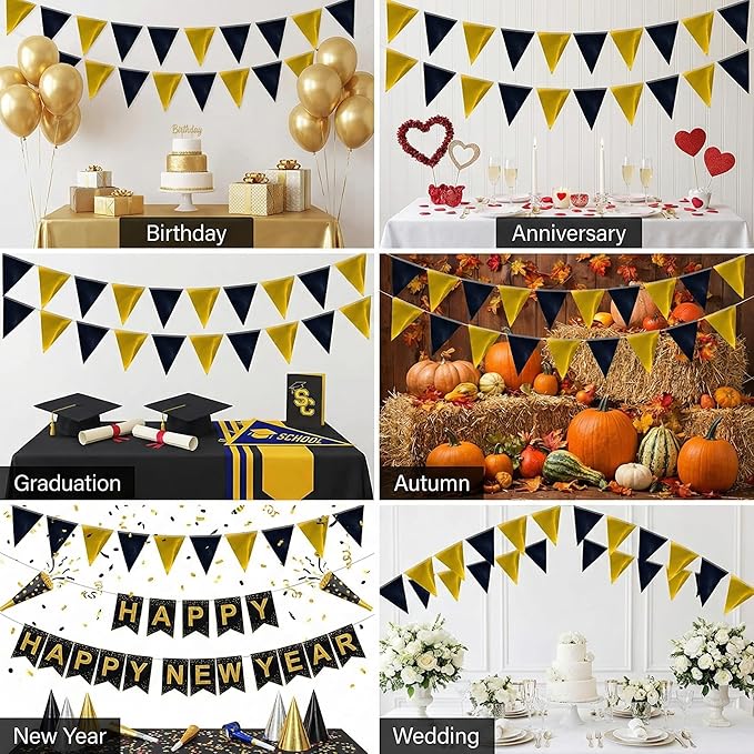 64ft Black Gold Triangle Pennant Banner Flag Metallic Paper Bunting Garland for Hanging Backdrop Birthday Party Decorations Graduation Bachelorette Bridal Wedding Baby Shower New Year Party Supplies