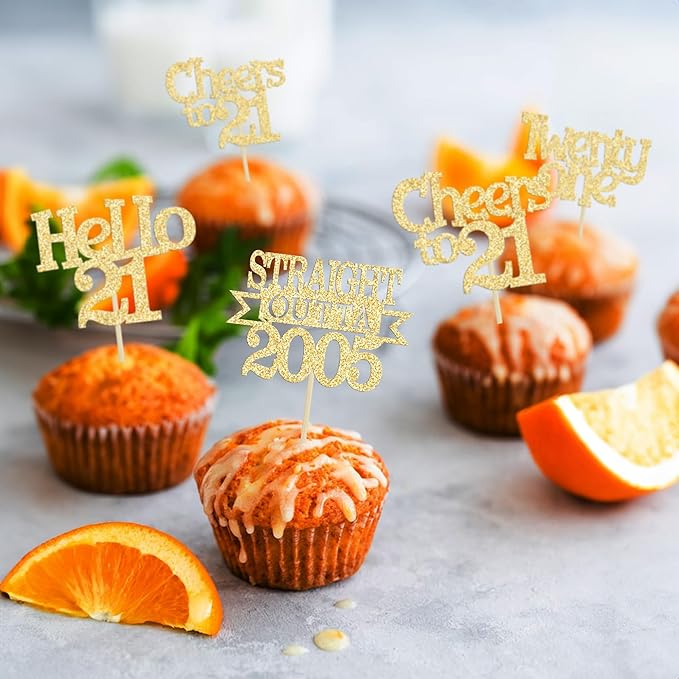 Ephlyn 24Pcs 21st Birthday Cupcake Toppers Glitter Straight Outta 2005 Cupcake Picks Hello 21 Cheers to 21 Years Cake Decorations for 21st Birthday Anniversary Party Decorations Supplies Gold