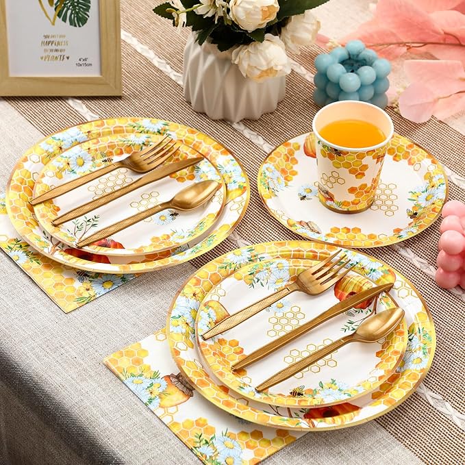350 Pcs Tea Party Supplies Spring Summer Sage Green Sunflower Party Tableware Set Disposable Plates Napkins Paper Cups Plastic Cutlery Set For Birthday Bridal Baby Shower Serves 50(Bee)