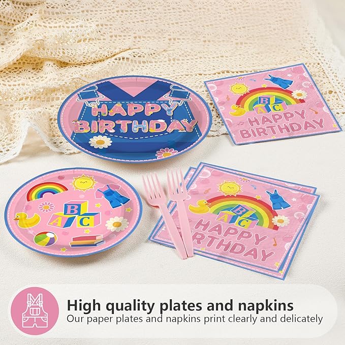 96Pcs Girls Birthday Party Decorations Pink Cartoon Teaching Plates and Napkins Cartoon English Teacher Theme Tableware Set for Girl Birthday Baby Shower Party Supplies，Serves 24