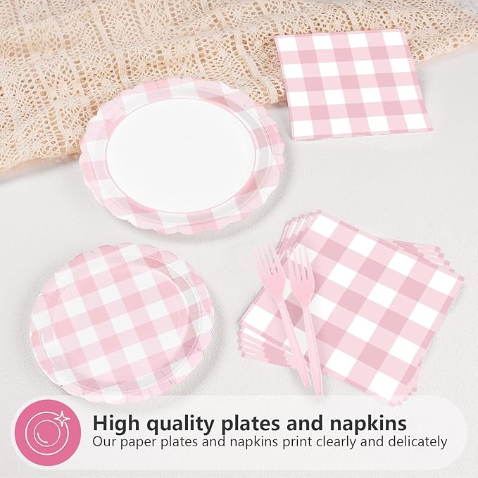 96Pcs Pink Birthday Party Decorations for Girls Light Pink & White Scalloped Checkered Plaid Plates and Napkins Tableware Sets for Kids Baby Shower BBQ Pastel Theme Party Supplies Serves 24