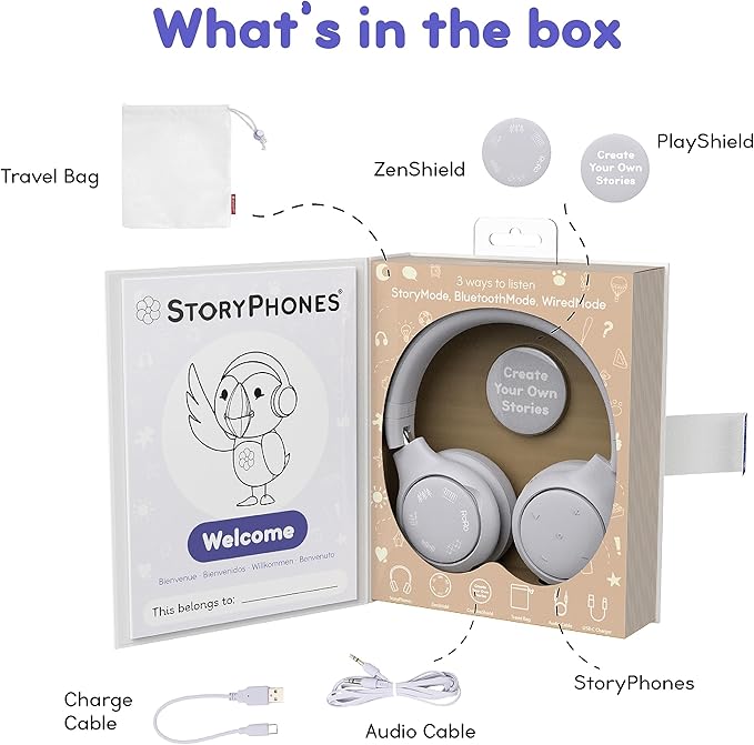 Storytelling Foldable Bluetooth Kids Headphones-Intro Bundle with ZenDisk and PlayShield, Perfect for Travel, Learning, Screen-Free Entertainment, Stories and Music by Onanoff (Grey)