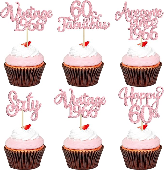 Ephlyn 30Pcs Vintage 1966 Cupcake Toppers Glitter Sixty Happy 60th Birthday 60 Fabulous Cupcake Picks Cheers to 60 Years for 60th Birthday Wedding Anniversary Party Cake Decorations Supplies Pink