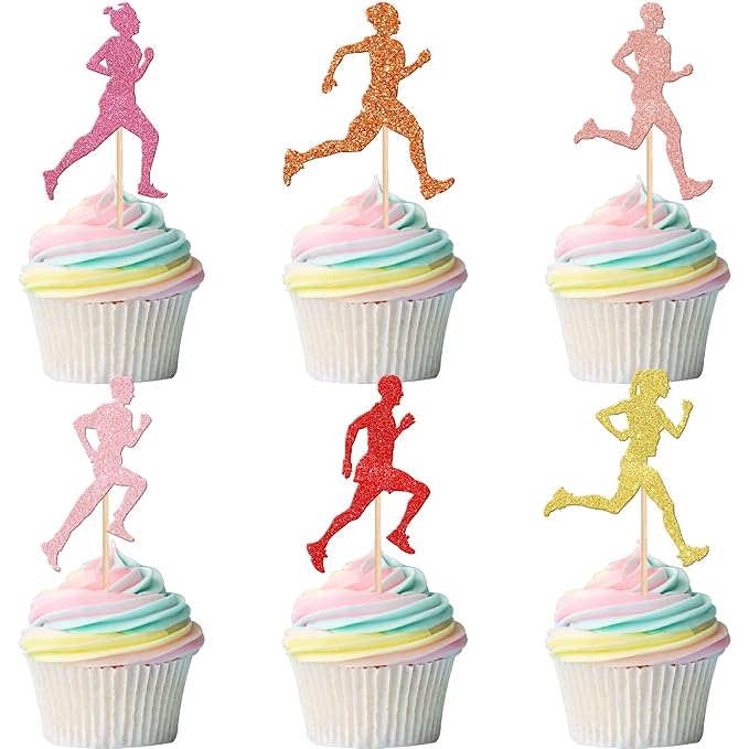24 PCS Running Cupcake Toppers Glitter Sports Fitness Run Cupcake Picks for Running Theme Boys Girls Marathon Birthday Party Cake Decorations Supplies Multi Colors